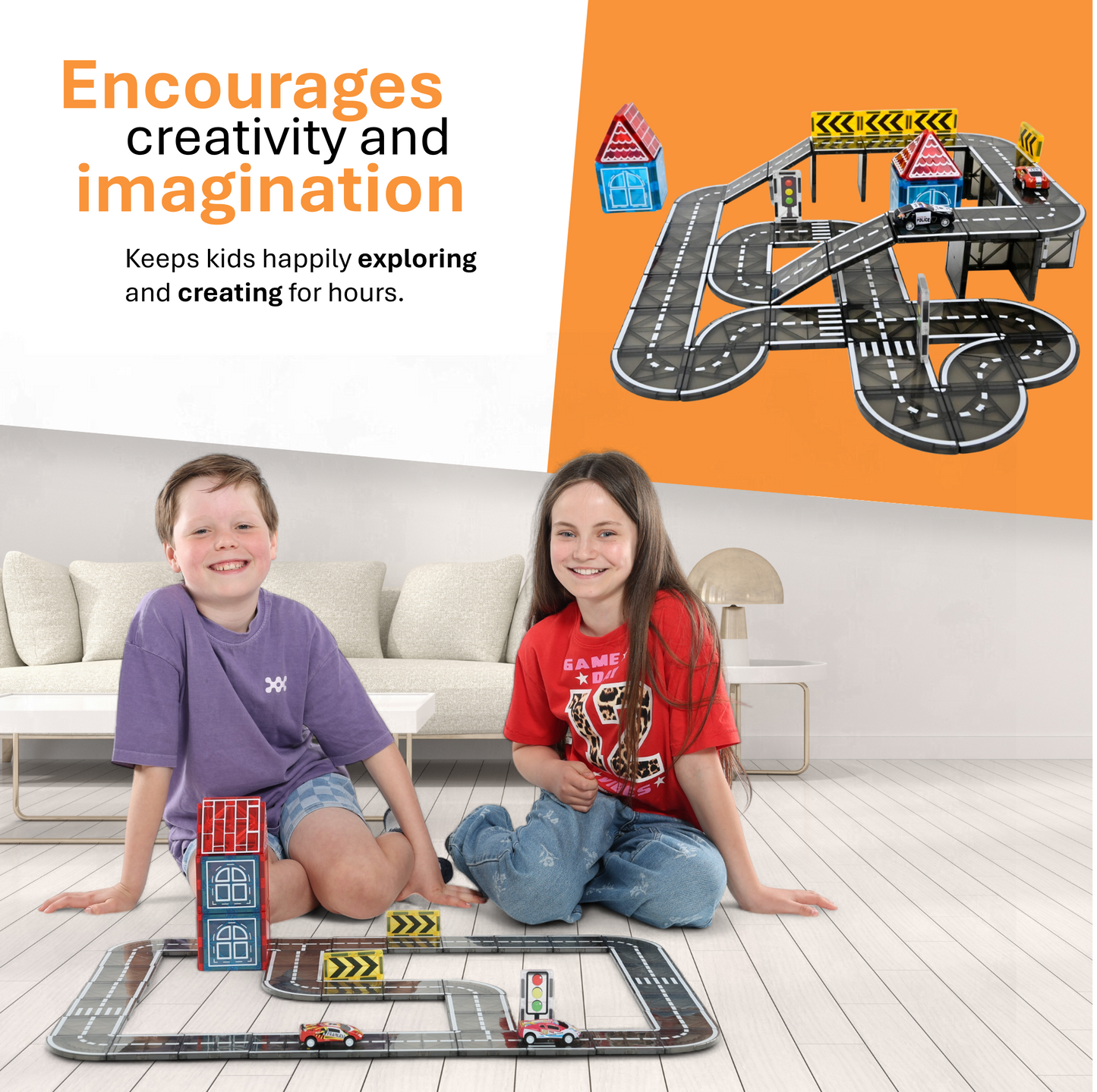 Magnaminds wegenset met auto's - 78 stuks