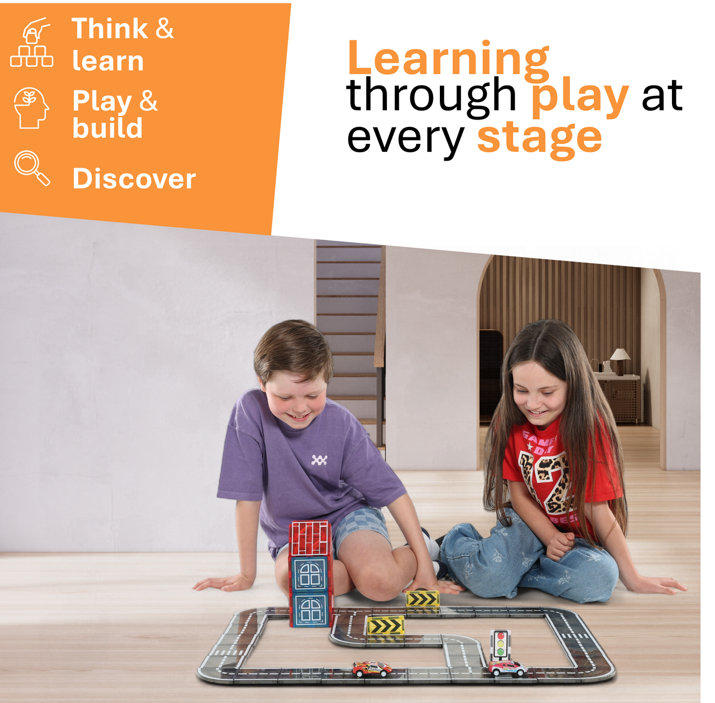 Magnaminds wegenset met auto's - 78 stuks